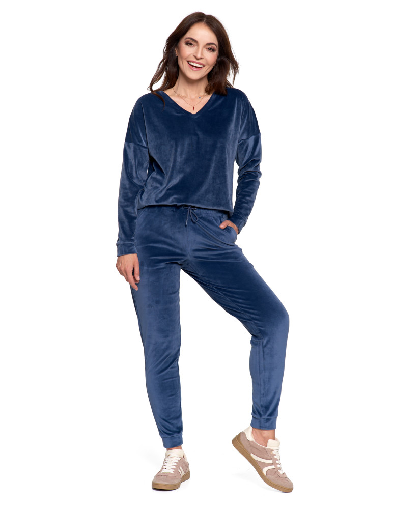 Bluzy - Bluza damska welurowa klasyczna z dekoltem V GRANATOWY - produkt moraj.pl 12