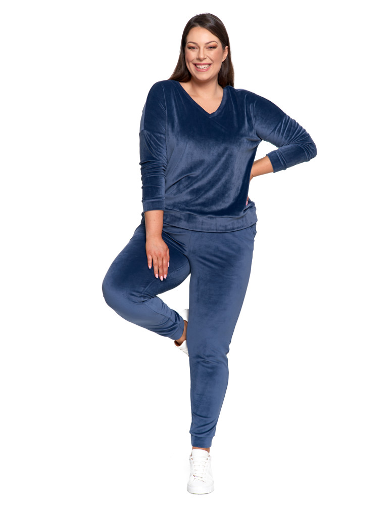 Bluzy - Bluza damska welurowa klasyczna z dekoltem V GRANATOWY - produkt moraj.pl 17