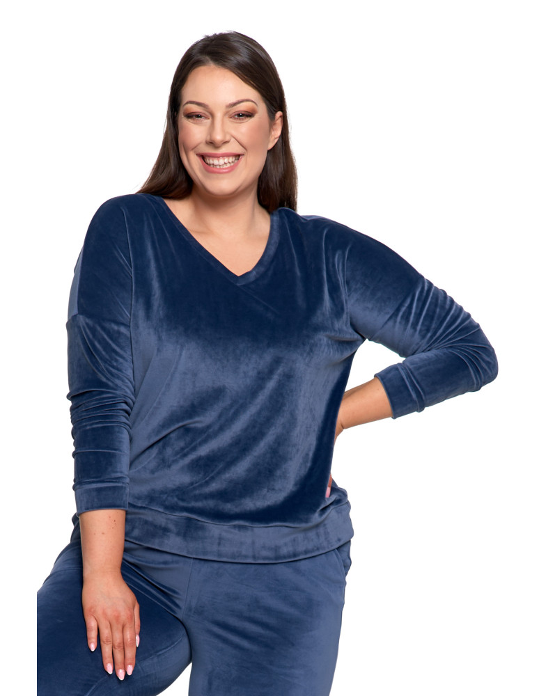Bluzy - Bluza damska welurowa klasyczna z dekoltem V GRANATOWY - produkt moraj.pl 13