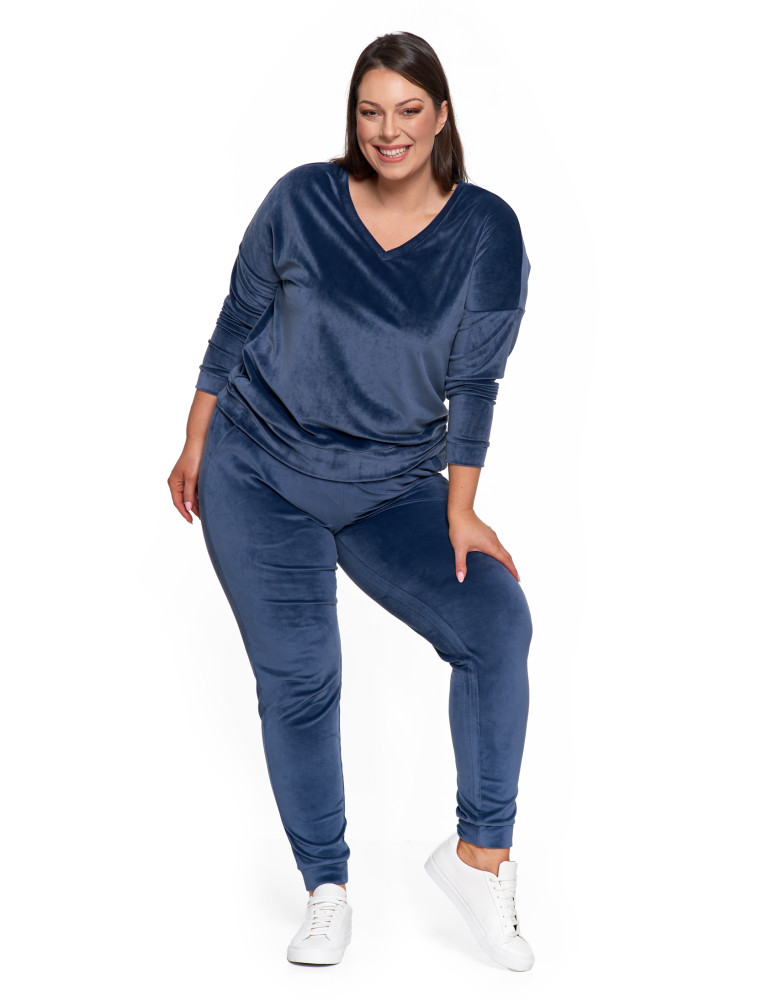 Bluzy - Bluza damska welurowa klasyczna z dekoltem V GRANATOWY - produkt moraj.pl 18