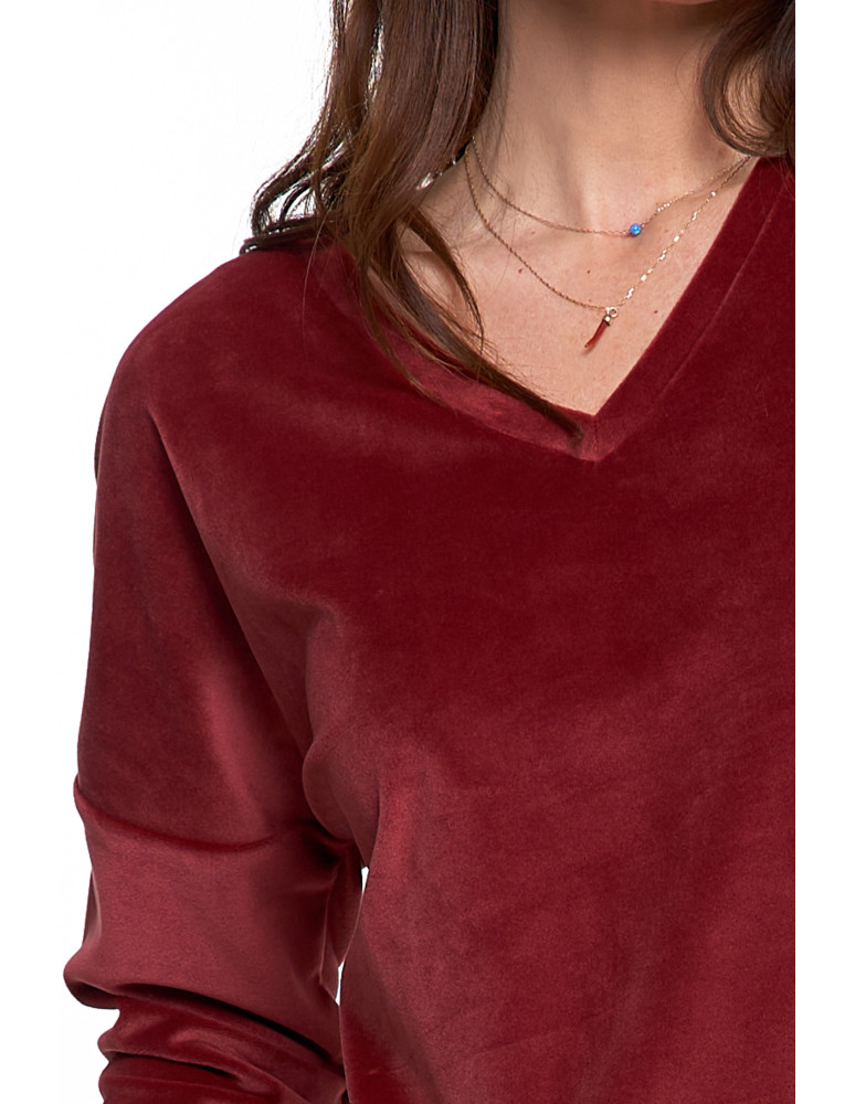 Bluzy - Bluza damska welurowa klasyczna z dekoltem V BORDOWY - produkt moraj.pl 3
