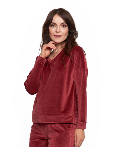 Bluzy - Bluza damska welurowa klasyczna z dekoltem V BORDOWY - produkt 5