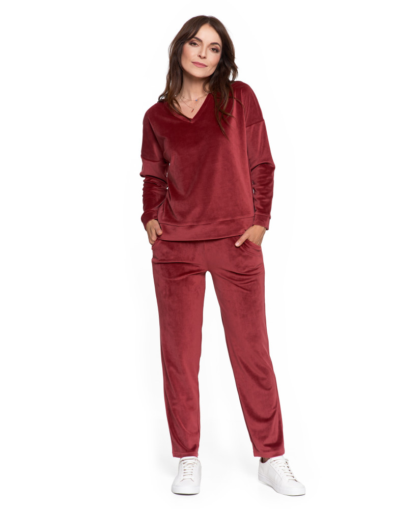 Bluzy - Bluza damska welurowa klasyczna z dekoltem V BORDOWY - produkt moraj.pl 9