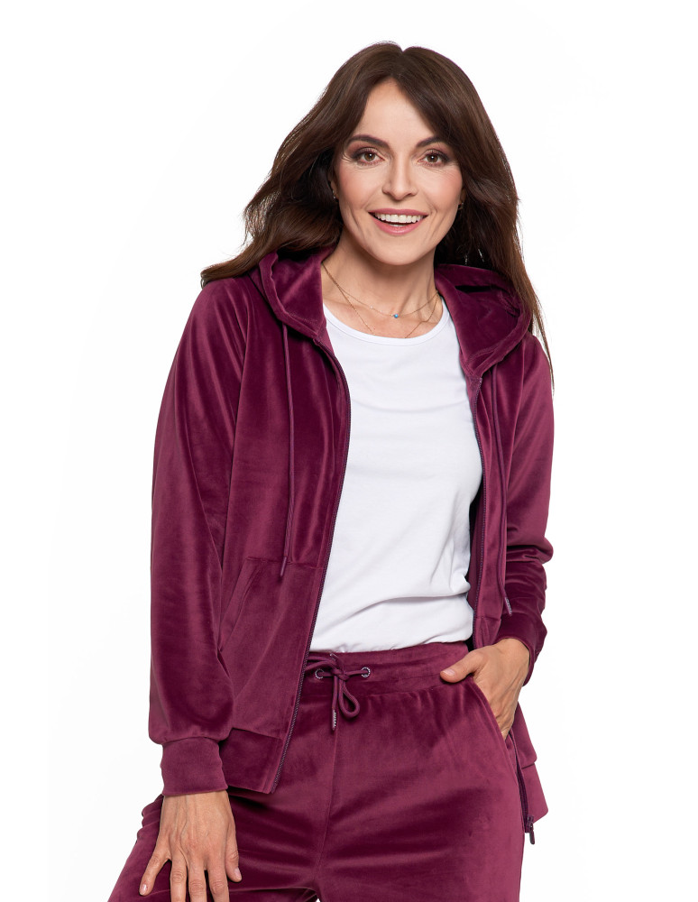 Bluzy - Bluza damska welurowa rozpinana z kapturem i kieszeniami FIOLETOWY - produkt moraj.pl 6
