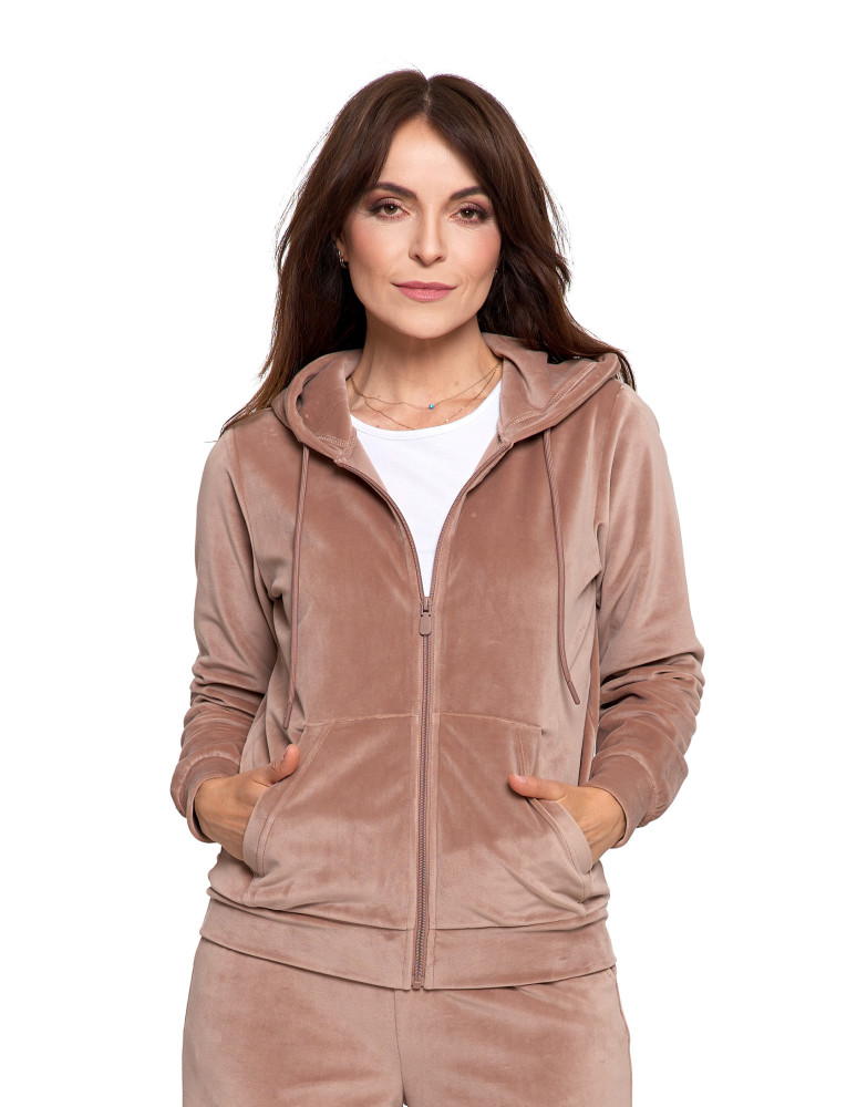 Bluzy - Bluza damska welurowa rozpinana z kapturem i kieszeniami MOKKA - produkt moraj.pl 2