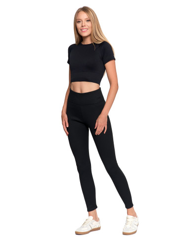 Legginsy - Prążkowane legginsy damskie z wysokim stanem ocieplane CZARNY - produkt 1