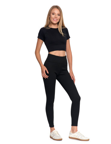 Legginsy - Prążkowane legginsy damskie z wysokim stanem ocieplane CZARNY - produkt 6