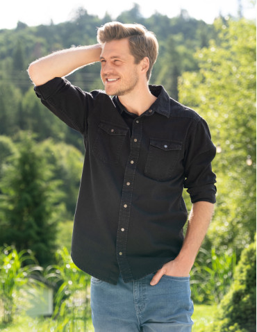 Koszulki, topy, koszule - Koszula męska jeansowa denim klasyczna CZARNY - produkt 1