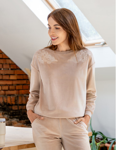 Bluzy - Bluza damska welurowa bez kaptura z haftem BEŻOWY - produkt 1