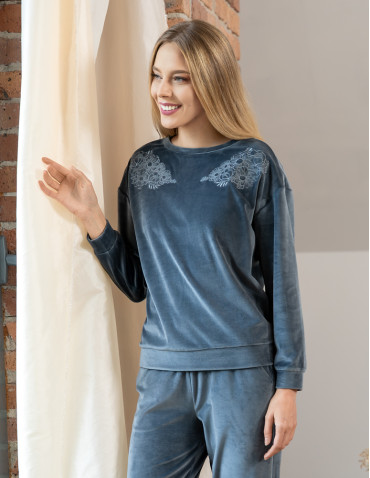 Bluzy - Bluza damska welurowa bez kaptura z haftem GRAFITOWY - produkt 1