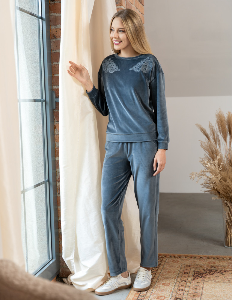 Bluzy - Bluza damska welurowa bez kaptura z haftem GRAFITOWY - produkt moraj.pl 11