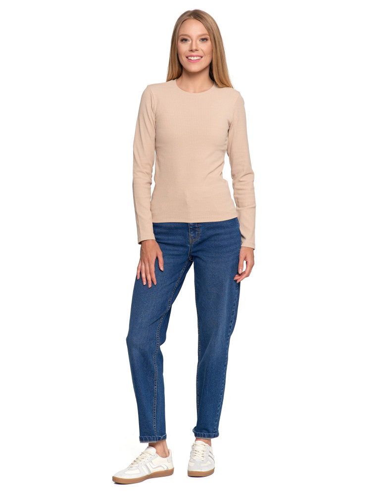 Bluzki i koszule - Bluzka damska prążkowana z długim rękawem KREMOWY  - produkt moraj.pl 4