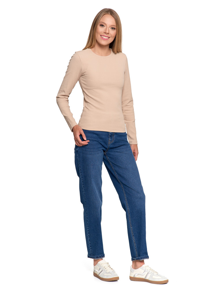 Bluzki i koszule - Bluzka damska prążkowana z długim rękawem KREMOWY  - produkt moraj.pl 5