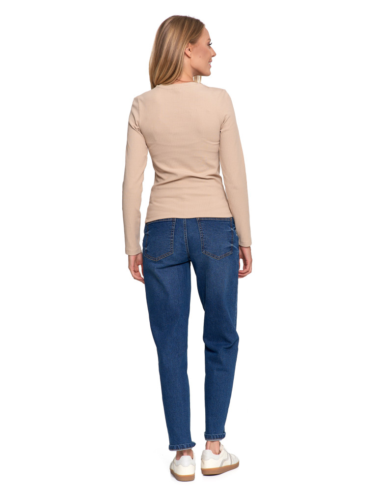 Bluzki i koszule - Bluzka damska prążkowana z długim rękawem KREMOWY  - produkt moraj.pl 6