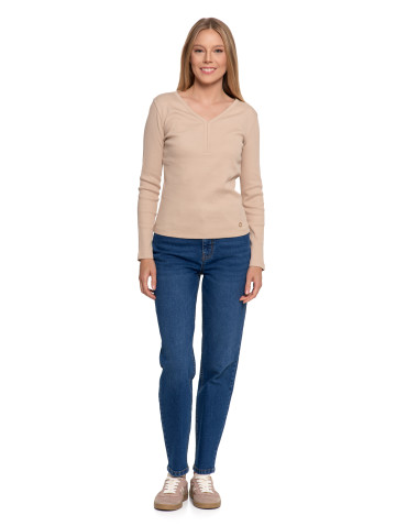 Bluzki i koszule - Bluzka damska bawełniana prążkowana z długim rękawem BEŻOWY - produkt 3