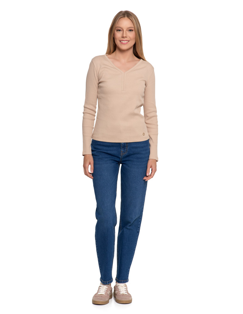 Bluzki i koszule - Bluzka damska bawełniana prążkowana z długim rękawem BEŻOWY  - produkt moraj.pl 3