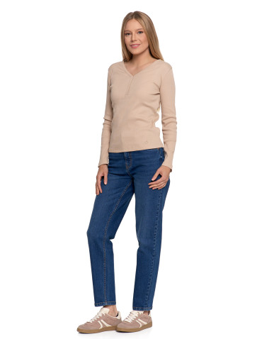 Bluzki i koszule - Bluzka damska bawełniana prążkowana z długim rękawem BEŻOWY - produkt 4