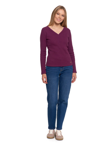 Bluzki i koszule - Bluzka damska bawełniana prążkowana z długim rękawem FIOLETOWY - produkt 4