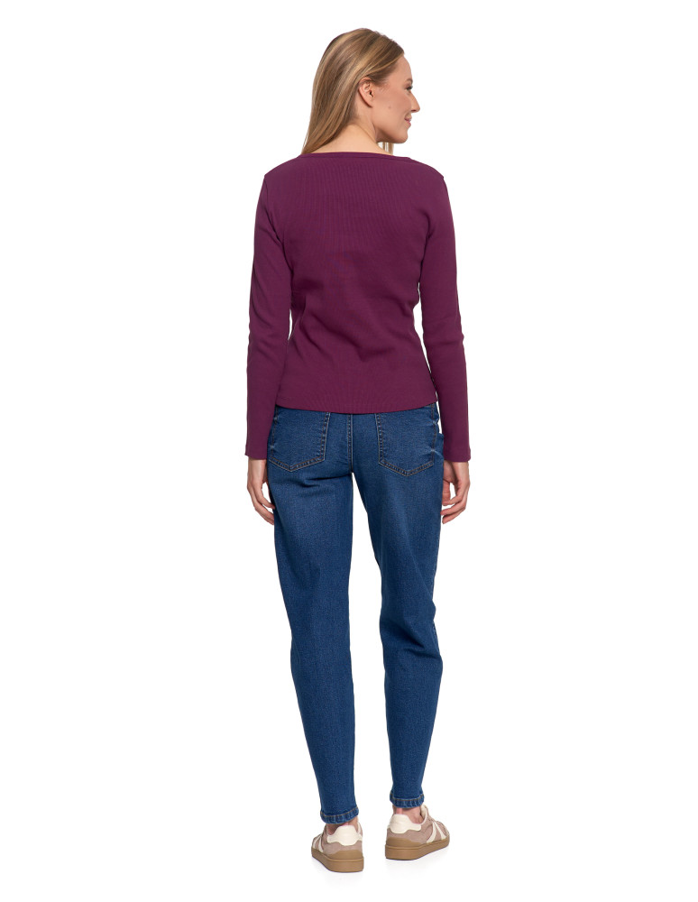 Bluzki i koszule - Bluzka damska bawełniana prążkowana z długim rękawem FIOLETOWY  - produkt moraj.pl 6