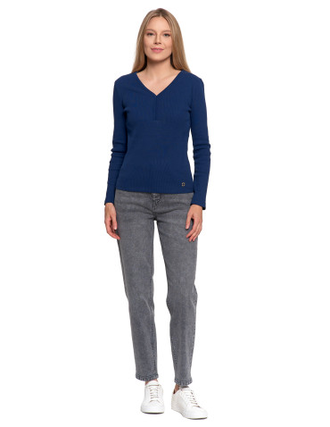 Bluzki i koszule - Bluzka damska bawełniana prążkowana z długim rękawem NIEBIESKI - produkt 7