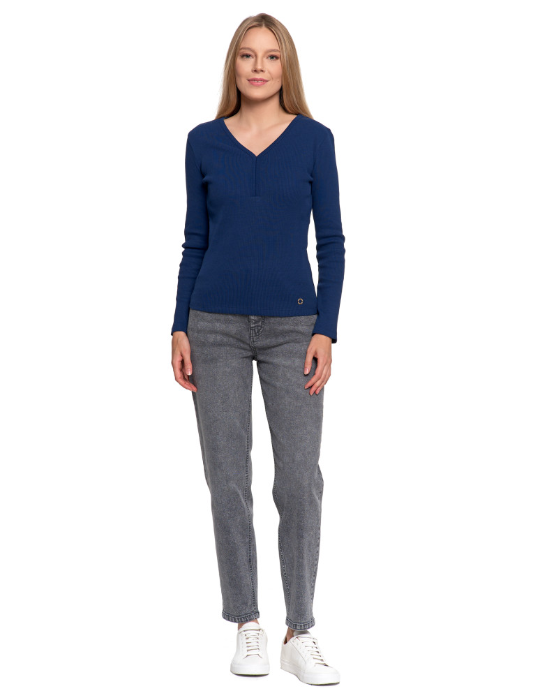 Bluzki i koszule - Bluzka damska bawełniana prążkowana z długim rękawem NIEBIESKI  - produkt moraj.pl 7