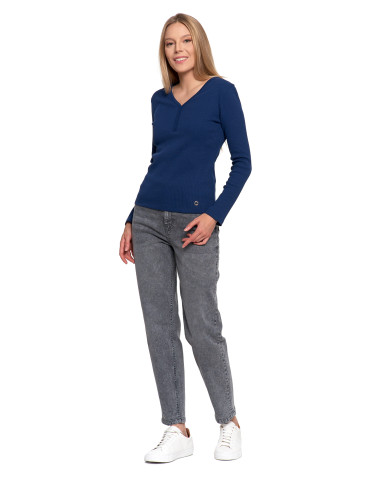 Bluzki i koszule - Bluzka damska bawełniana prążkowana z długim rękawem NIEBIESKI - produkt 6