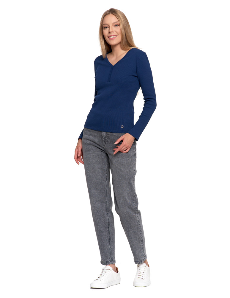 Bluzki i koszule - Bluzka damska bawełniana prążkowana z długim rękawem NIEBIESKI  - produkt moraj.pl 6