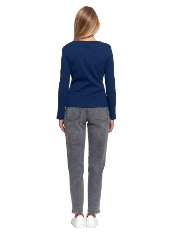 Bluzki i koszule - Bluzka damska bawełniana prążkowana z długim rękawem NIEBIESKI - produkt 8