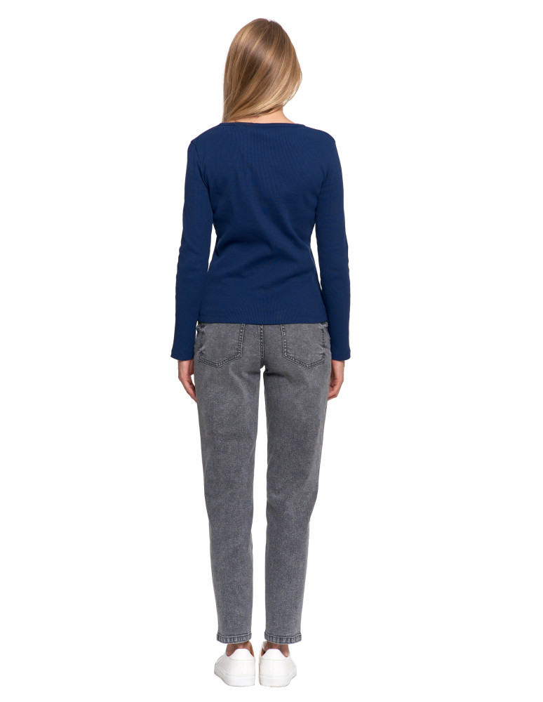 Bluzki i koszule - Bluzka damska bawełniana prążkowana z długim rękawem NIEBIESKI  - produkt moraj.pl 8