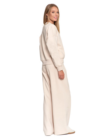 Bluzy - Bluza dresowa damska ocieplana luźna z haftowanymi rękawami KREMOWY - produkt 4