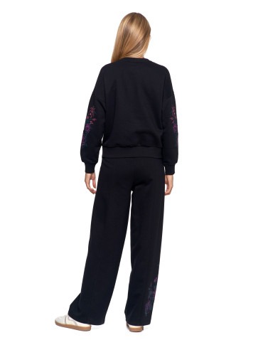 Bluzy - Bluza dresowa damska ocieplana luźna z haftowanymi rękawami CZARNY - produkt 2