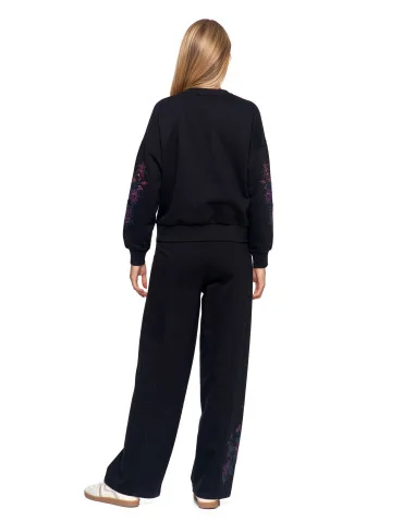 Bluza dresowa damska ocieplana luźna z haftowanymi rękawami - CZARNY - produkt 2