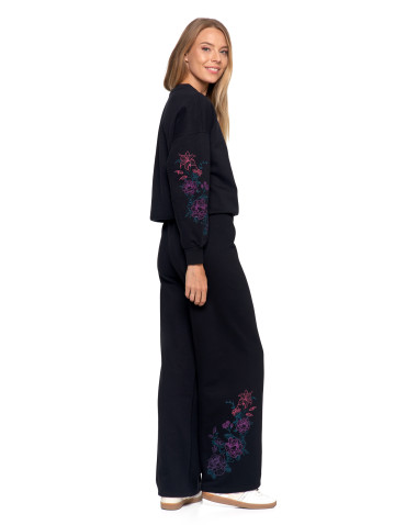 Bluzy - Bluza dresowa damska ocieplana luźna z haftowanymi rękawami CZARNY - produkt 3