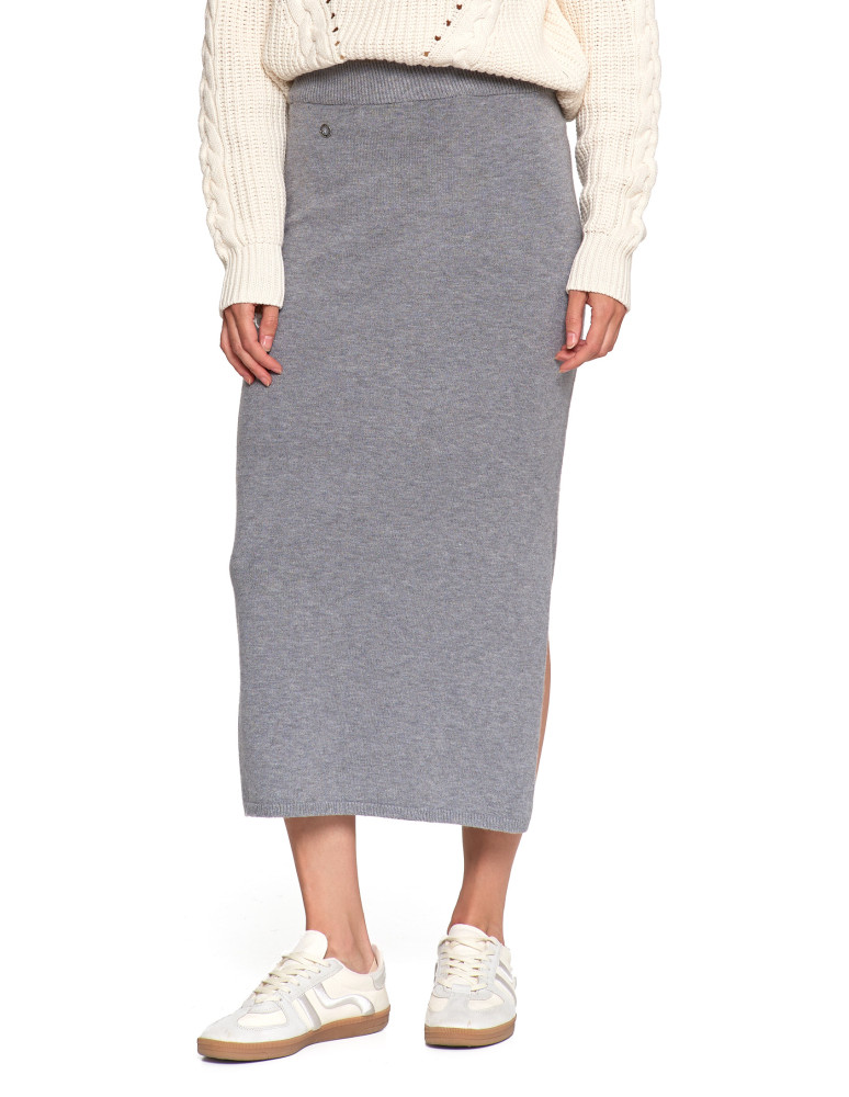 Spódnice - Damska spódnica sweterkowa midi z rozcięciem SZARY  - produkt moraj.pl 2