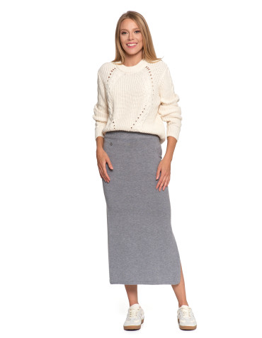 Spódnice - Damska spódnica sweterkowa midi z rozcięciem SZARY - produkt 11