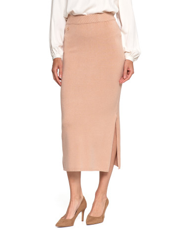 Spódnice - Damska spódnica sweterkowa midi z rozcięciem BEŻOWY - produkt 1