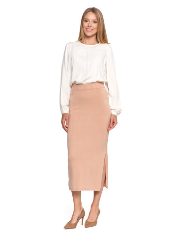 Spódnice - Damska spódnica sweterkowa midi z rozcięciem BEŻOWY - produkt 11