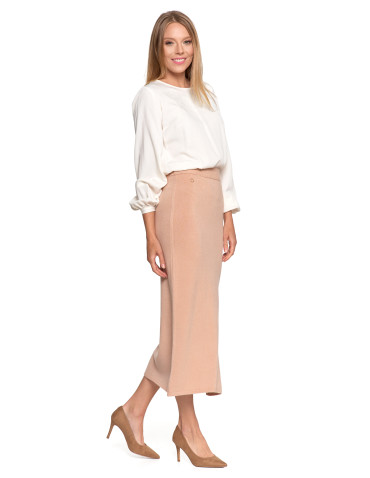 Spódnice - Damska spódnica sweterkowa midi z rozcięciem BEŻOWY - produkt 12