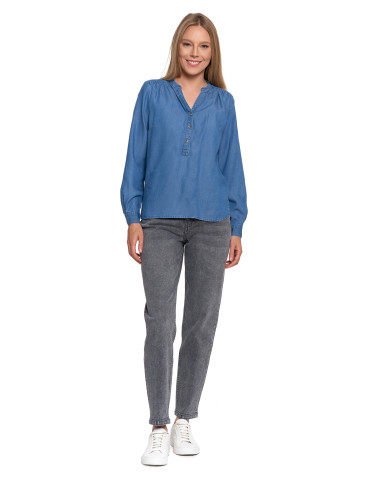 Bluzki i koszule - Damska bluzka luźna z dekoltem V i zapięciem JASNY NIEBIESKI  - produkt 6