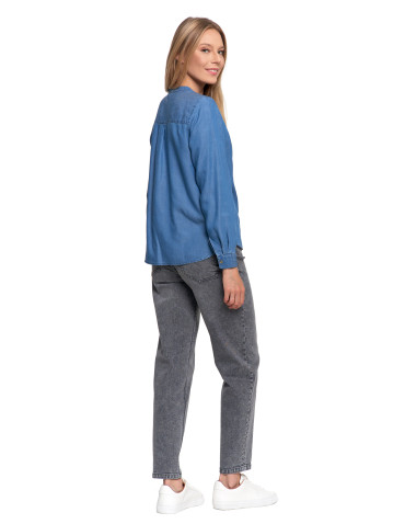 Bluzki i koszule - Damska bluzka luźna z dekoltem V i zapięciem JASNY NIEBIESKI  - produkt 10