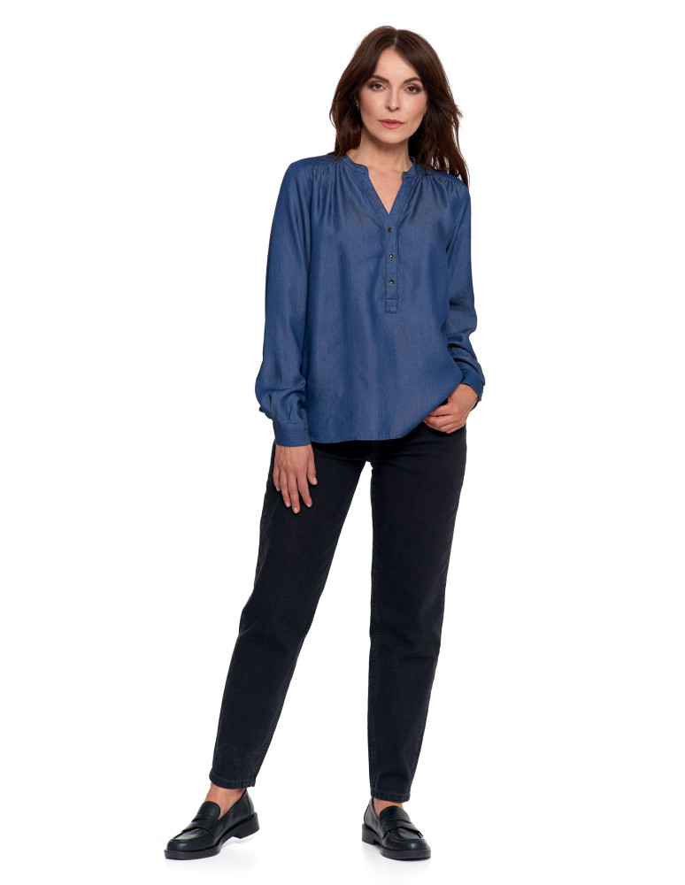 Bluzki i koszule - Damska bluzka luźna z dekoltem V i zapięciem CIEMNY NIEBIESKI  - produkt moraj.pl 7