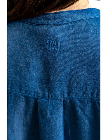 Bluzki i koszule - Damska bluzka luźna z dekoltem V i zapięciem CIEMNY NIEBIESKI - produkt 10