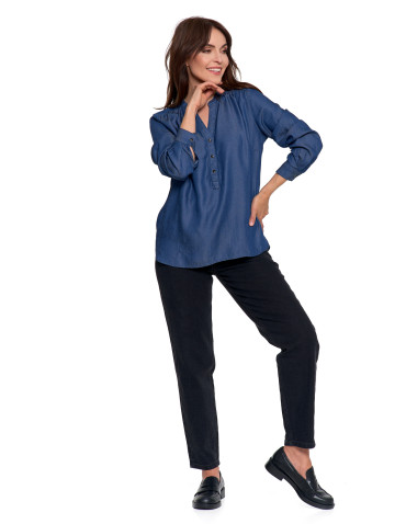 Bluzki i koszule - Damska bluzka luźna z dekoltem V i zapięciem CIEMNY NIEBIESKI - produkt 11