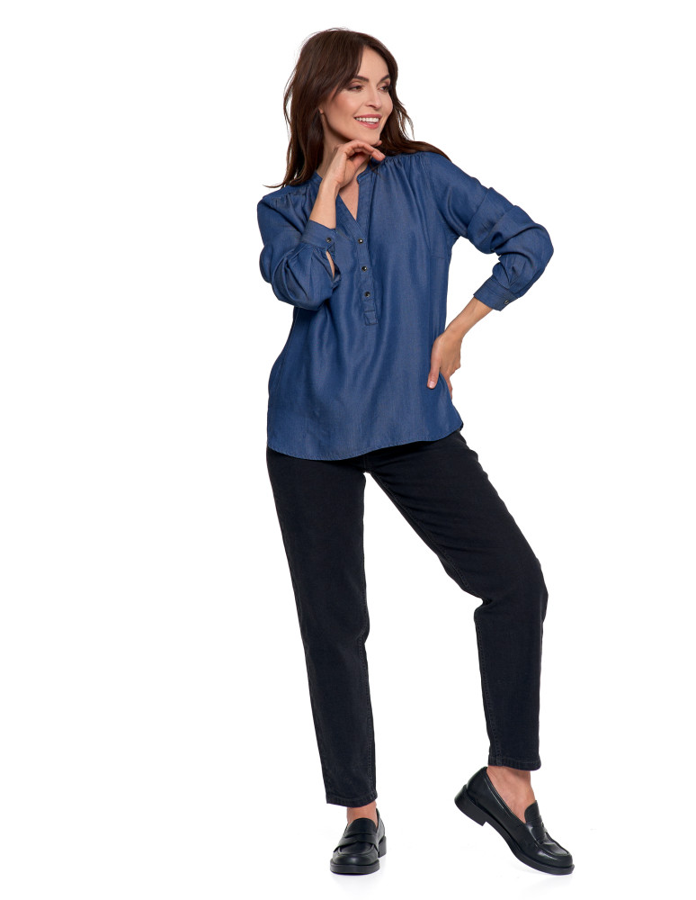 Bluzki i koszule - Damska bluzka luźna z dekoltem V i zapięciem CIEMNY NIEBIESKI  - produkt moraj.pl 11