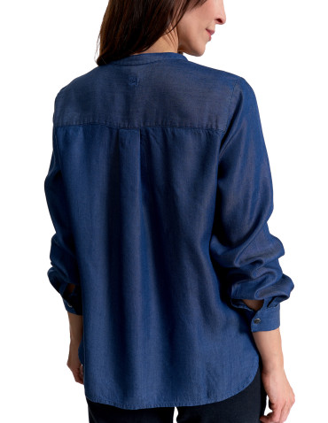 Bluzki i koszule - Damska bluzka luźna z dekoltem V i zapięciem CIEMNY NIEBIESKI - produkt 12