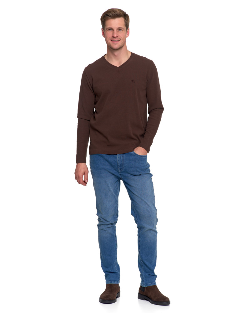 Koszulki, topy, koszule - Koszulka męska longsleeve z dekoltem w serek i haftem BRĄZOWY - produkt moraj.pl 5