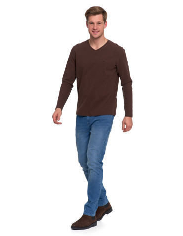 Koszulki, topy, koszule - Koszulka męska longsleeve z dekoltem w serek i haftem BRĄZOWY - produkt 6