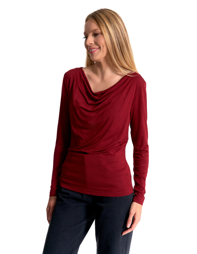 Bluzki i koszule - Bluzka damska z wiskozy z długim rękawem i dekoltem w łódkę CZERWONY - produkt moraj.pl 8