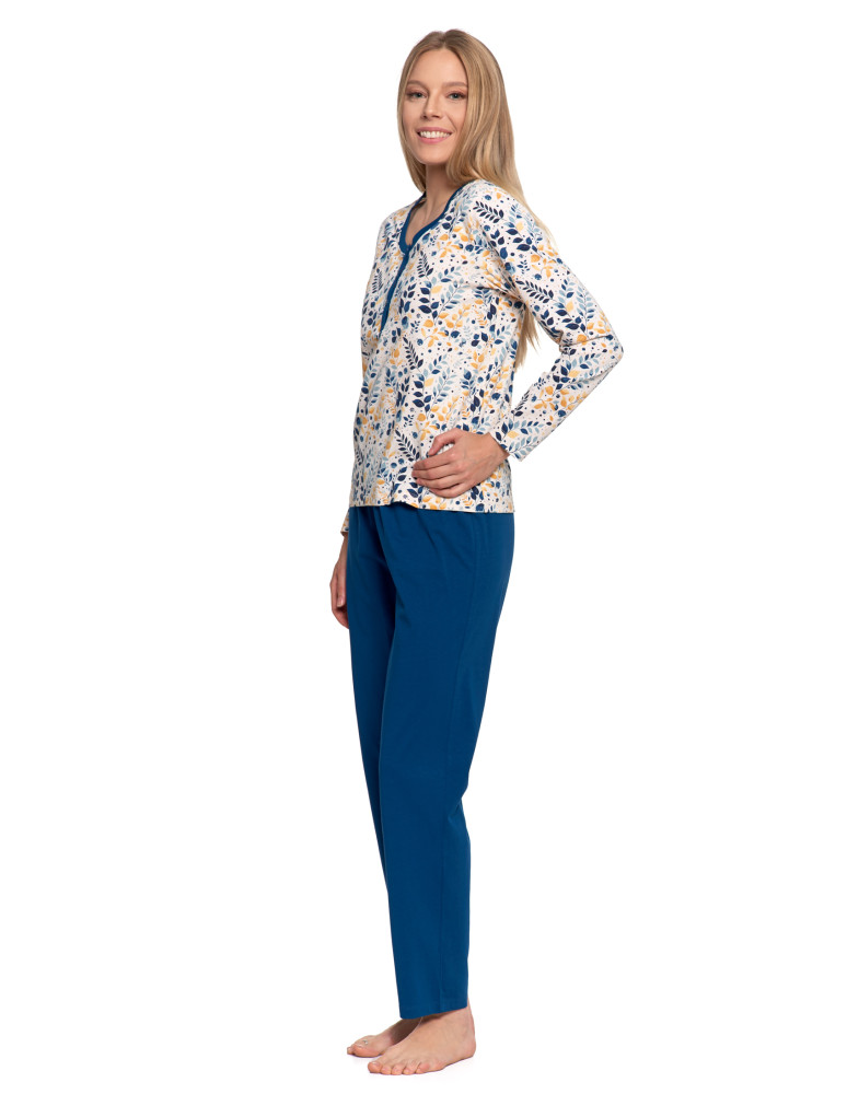 Długi rękaw - Piżama damska bawełniana z długim rękawem rozpinana GRANATOWY - produkt moraj.pl 2