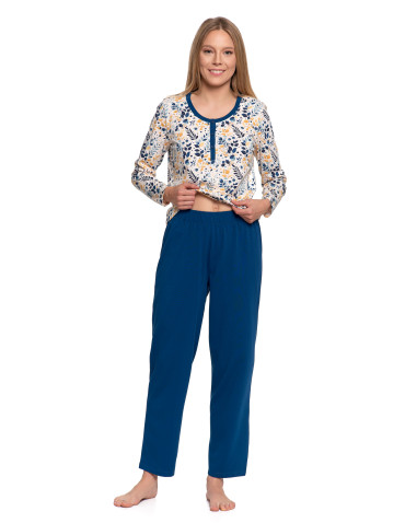 Długi rękaw - Piżama damska bawełniana z długim rękawem rozpinana GRANATOWY - produkt 4